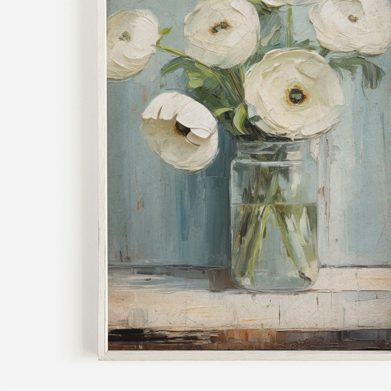 White Ranunculus Wall Art – Floral Vintage Room Print