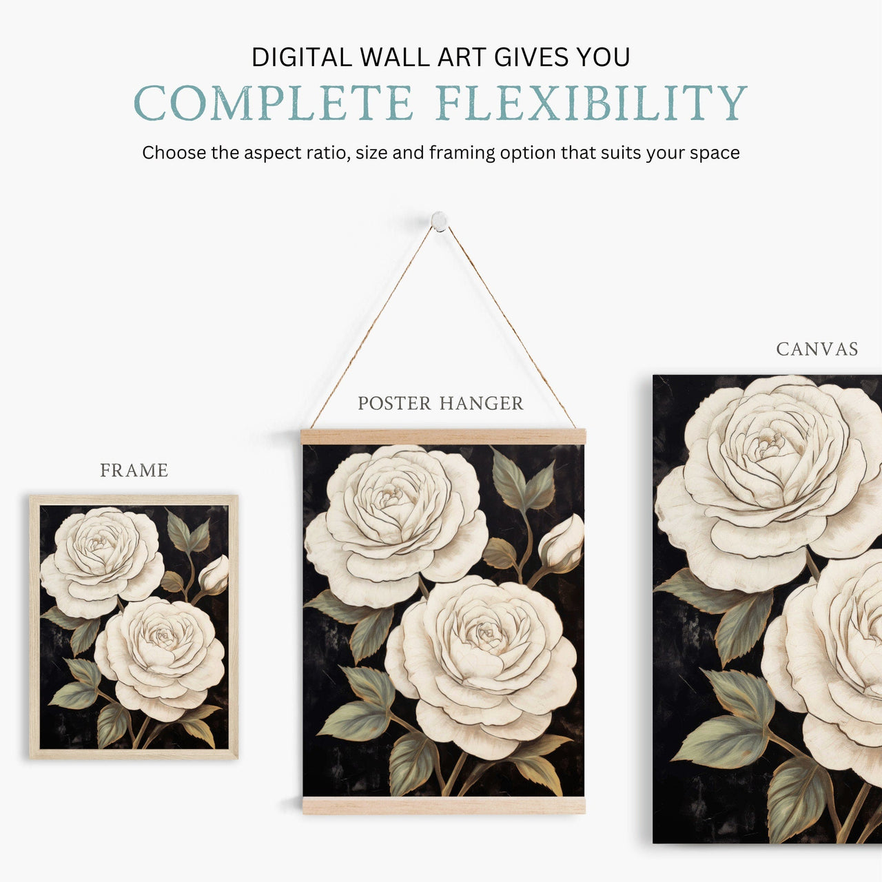 White Rose Wall Art – Floral Bedroom Print
