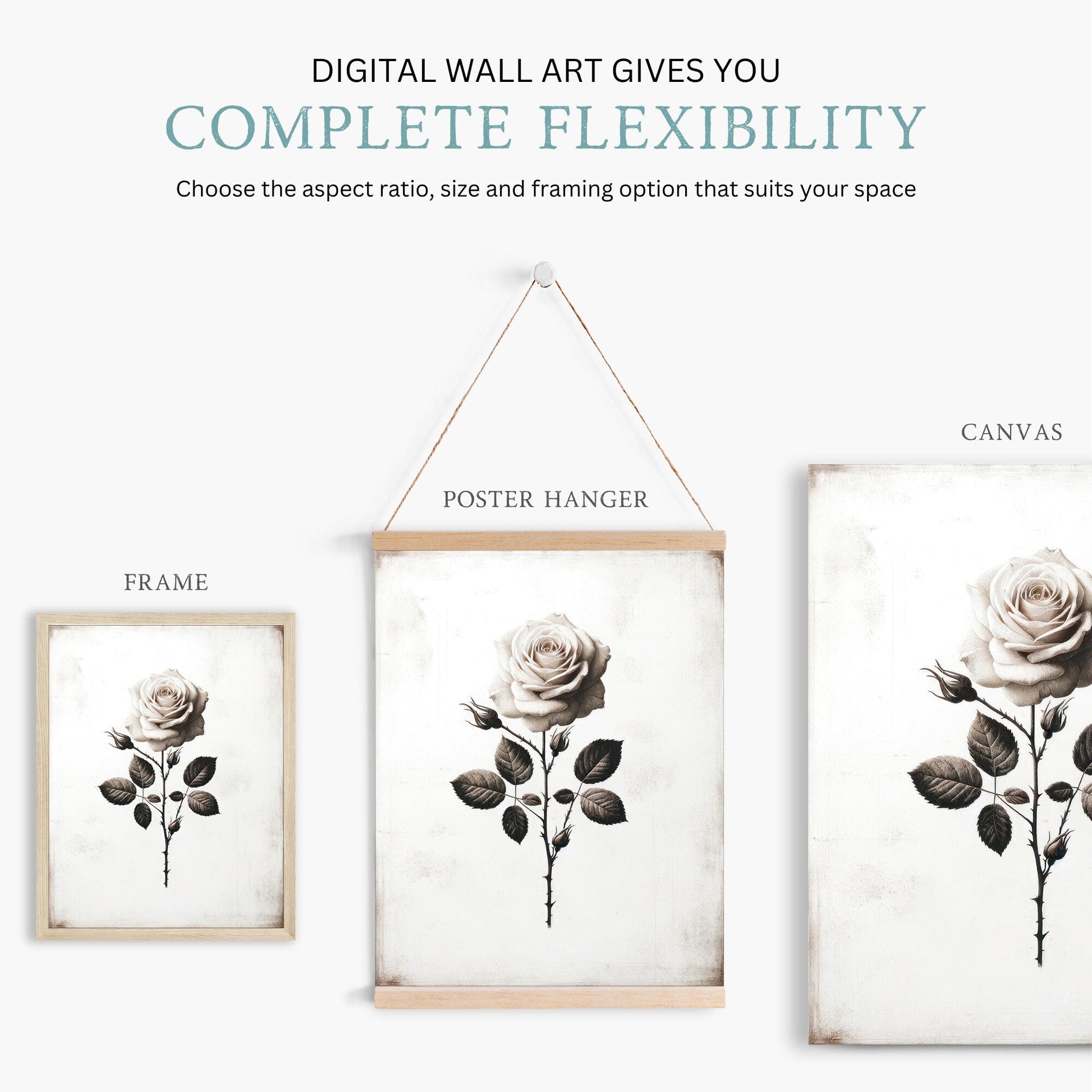 White Rose Painting, Rustic Floral Decor, Black & White Wall Art - WildfieldPrints