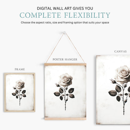 White Rose Painting, Rustic Floral Decor, Black & White Wall Art - WildfieldPrints