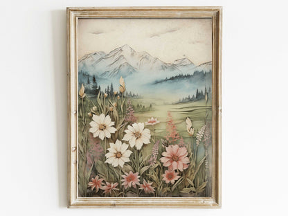 Wildflower and Mountain Wall Art, Vintage Nature Decor, Rustic Landscape - WildfieldPrints