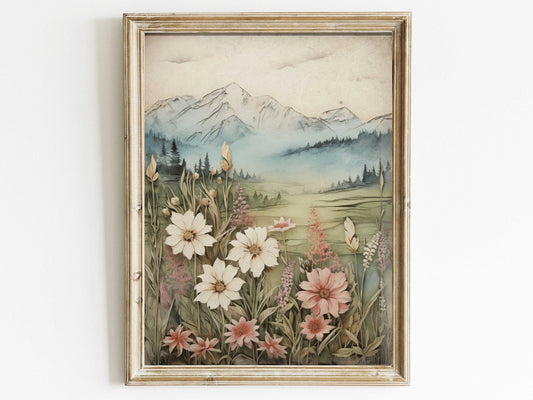Wildflower and Mountain Wall Art, Vintage Nature Decor, Rustic Landscape - WildfieldPrints