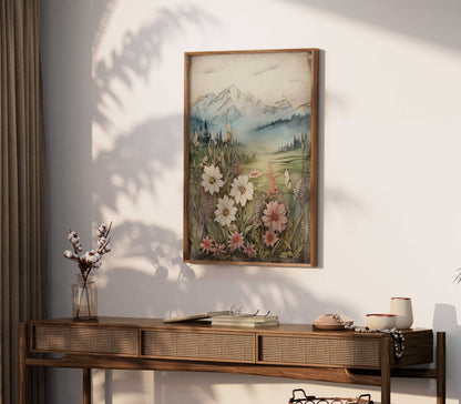 Wildflower and Mountain Wall Art, Vintage Nature Decor, Rustic Landscape - WildfieldPrints