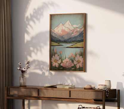 Wildflower and Mountain Wall Art, Vintage Nature Decor, Rustic Landscape - WildfieldPrints