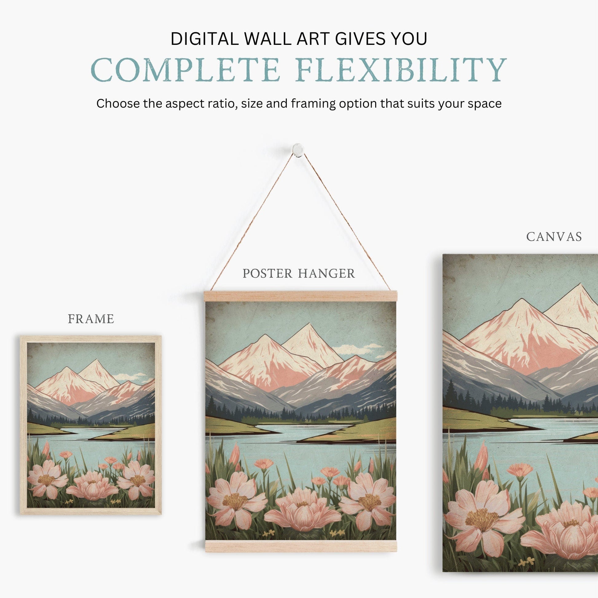 Wildflower and Mountain Wall Art, Vintage Nature Decor, Rustic Landscape - WildfieldPrints