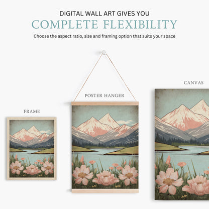 Wildflower and Mountain Wall Art, Vintage Nature Decor, Rustic Landscape - WildfieldPrints
