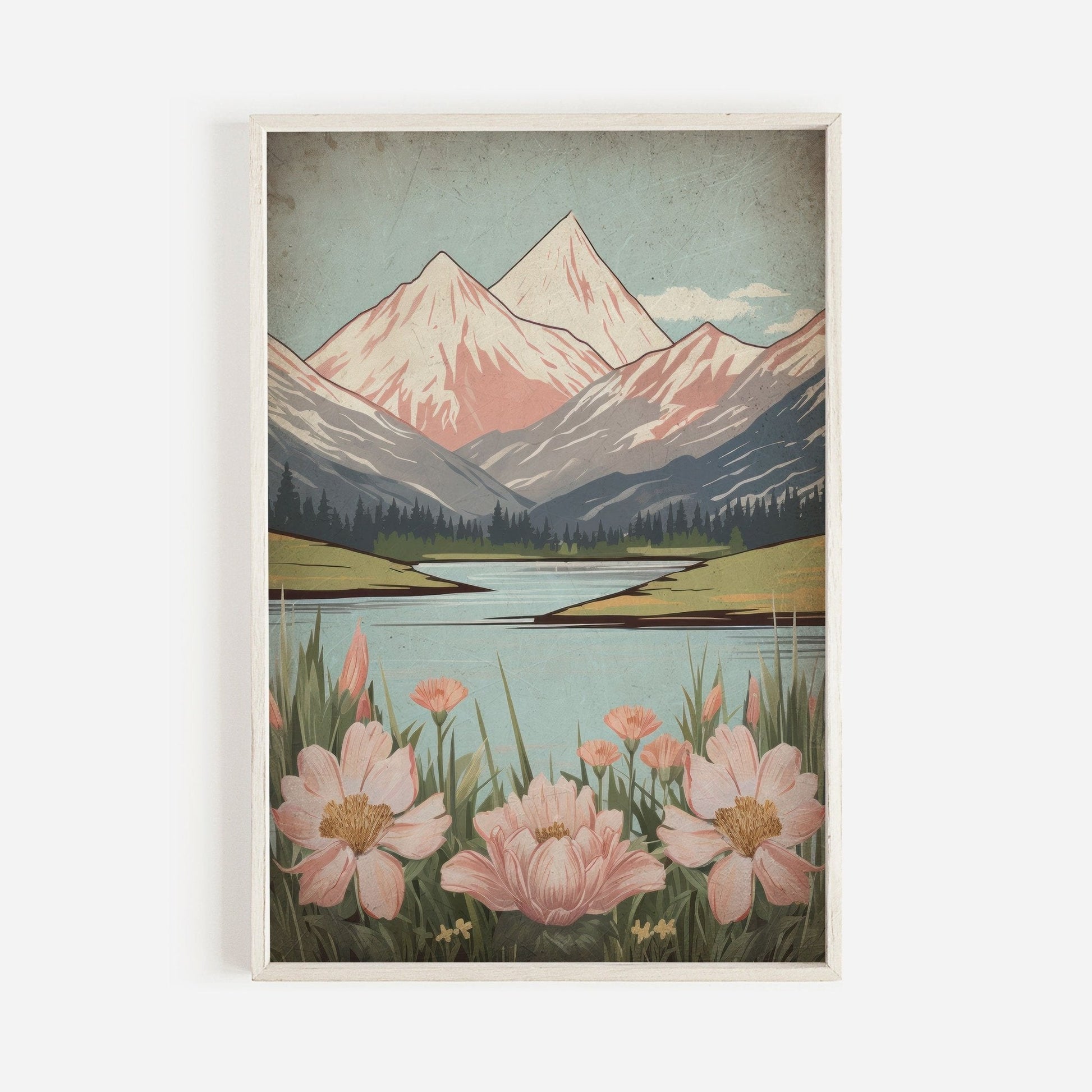Wildflower and Mountain Wall Art, Vintage Nature Decor, Rustic Landscape - WildfieldPrints