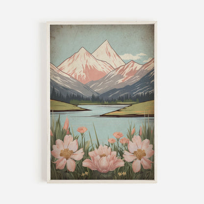 Wildflower and Mountain Wall Art, Vintage Nature Decor, Rustic Landscape - WildfieldPrints