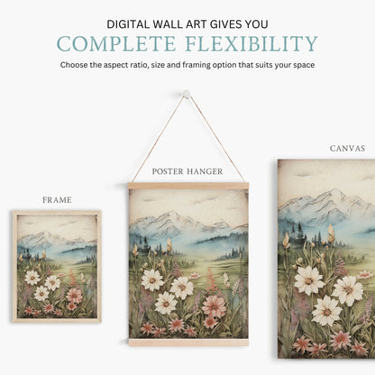 Wildflower and Mountain Wall Art, Vintage Nature Decor, Rustic Landscape - WildfieldPrints