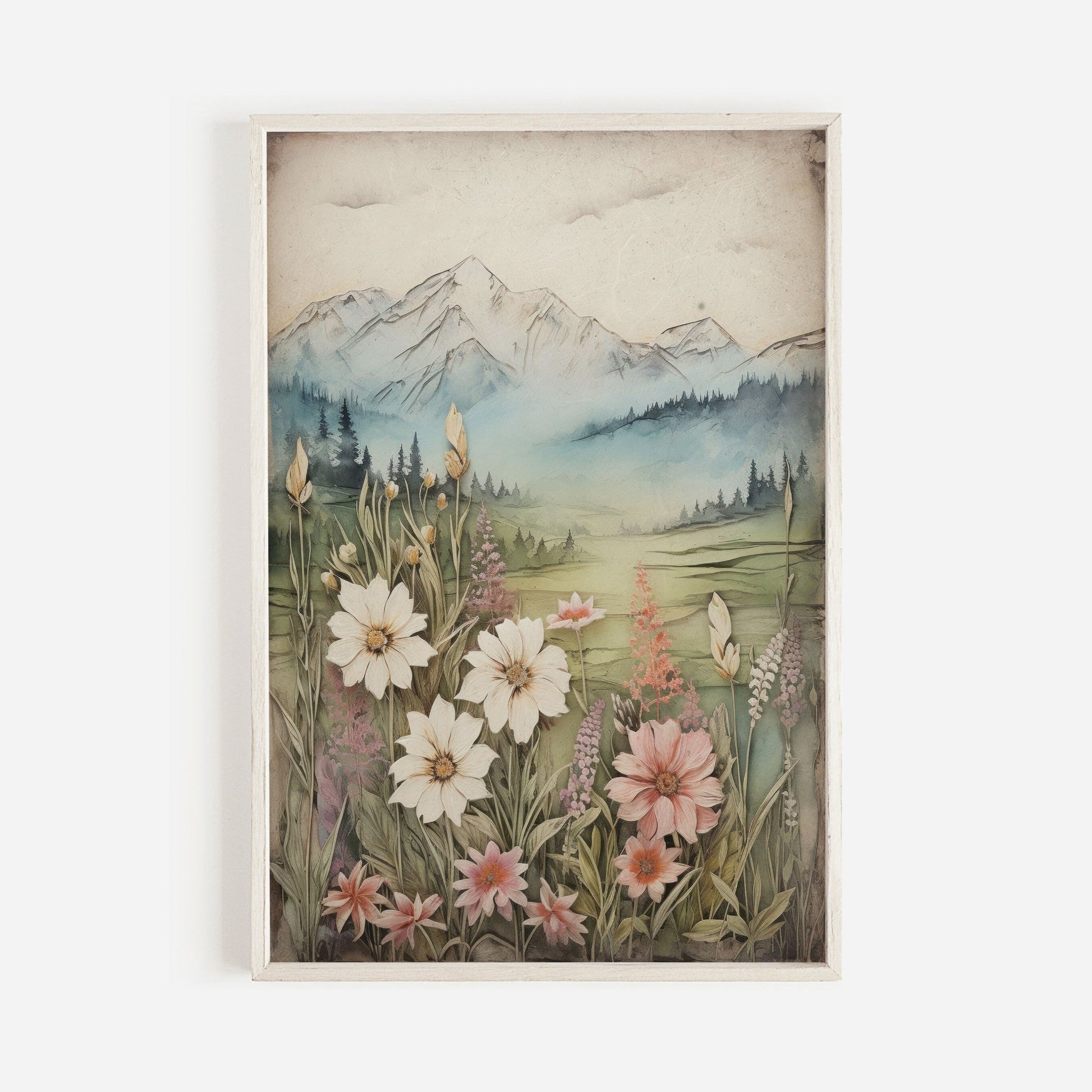 Wildflower and Mountain Wall Art, Vintage Nature Decor, Rustic Landscape - WildfieldPrints