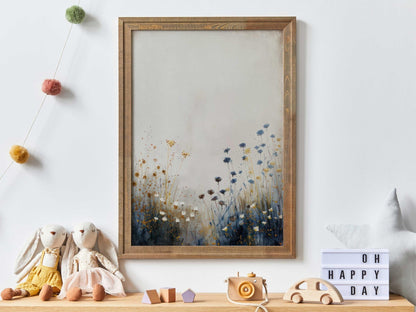 Wildflower Art Print, Vintage Floral Wall Decor, Rustic Botanical Wall Art, Blue & Gold Print, Wildflower Field Art, PRINTABLE Flower Art - My Store