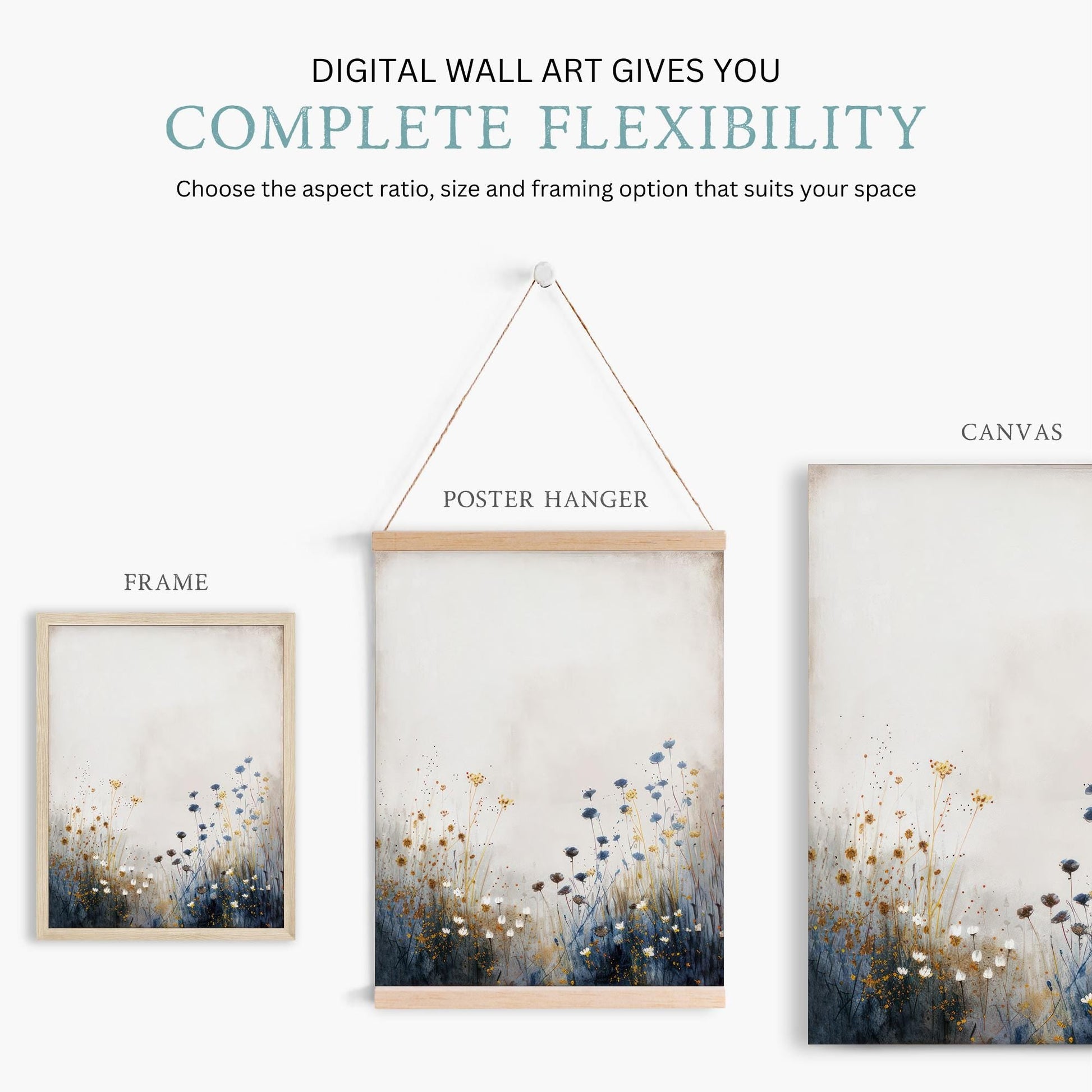 Wildflower Art Print, Vintage Floral Wall Decor, Rustic Botanical Wall Art, Blue & Gold Print, Wildflower Field Art, PRINTABLE Flower Art - My Store