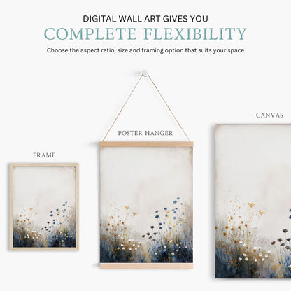 Wildflower Art Print, Vintage Floral Wall Decor, Rustic Botanical Wall Art, Blue & Gold Print, Wildflower Field Art, PRINTABLE Flower Art - My Store