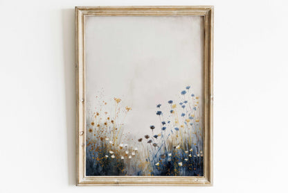 Wildflower Art Print, Vintage Floral Wall Decor, Rustic Botanical Wall Art, Blue & Gold Print, Wildflower Field Art, PRINTABLE Flower Art - My Store