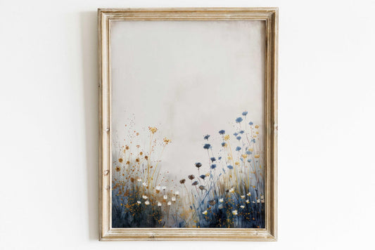 Wildflower Art Print, Vintage Floral Wall Decor, Rustic Botanical Wall Art, Blue & Gold Print, Wildflower Field Art, PRINTABLE Flower Art - My Store