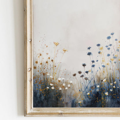Wildflower Art Print, Vintage Floral Wall Decor, Rustic Botanical Wall Art, Blue & Gold Print, Wildflower Field Art, PRINTABLE Flower Art - My Store