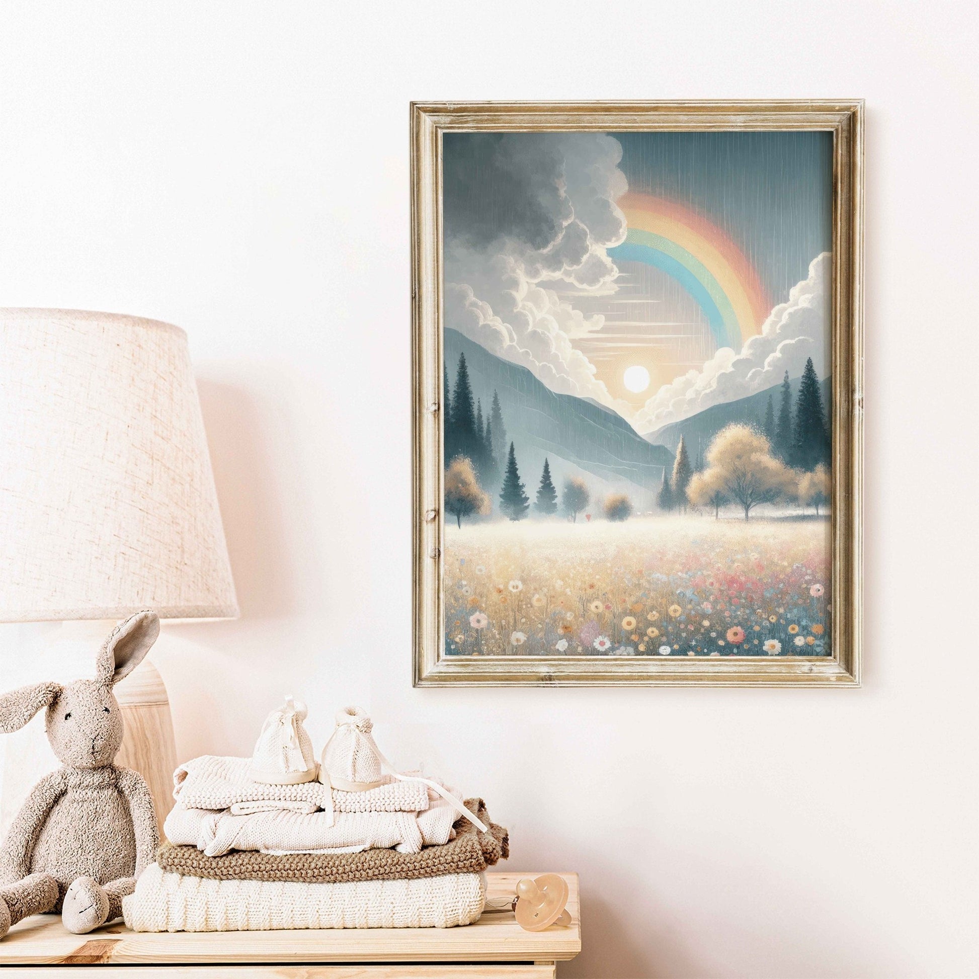 Wildflower Field Art, Mountain Landscape Decor, Rainbow Nursery Print - WildfieldPrints