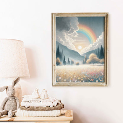 Wildflower Field Art, Mountain Landscape Decor, Rainbow Nursery Print - WildfieldPrints