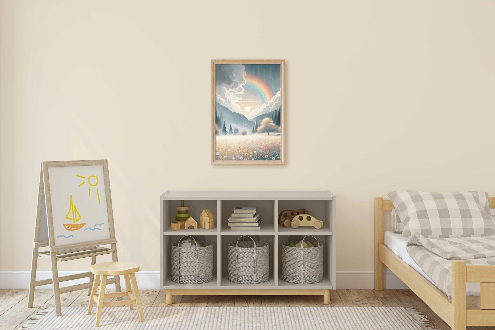 Wildflower Field Art, Mountain Landscape Decor, Rainbow Nursery Print - WildfieldPrints