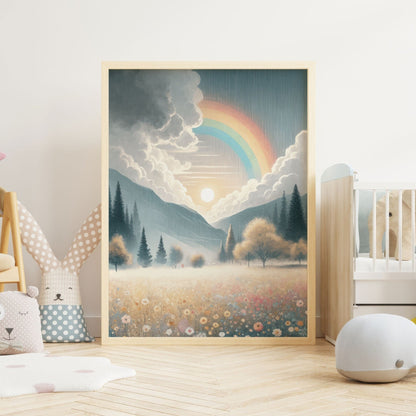 Wildflower Field Art, Mountain Landscape Decor, Rainbow Nursery Print - WildfieldPrints