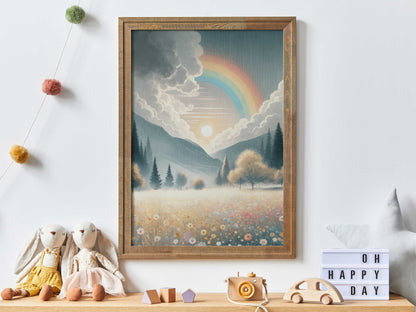 Wildflower Field Art, Mountain Landscape Decor, Rainbow Nursery Print - WildfieldPrints