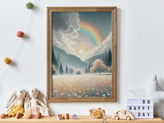 Wildflower Field Art, Mountain Landscape Decor, Rainbow Nursery Print - WildfieldPrints