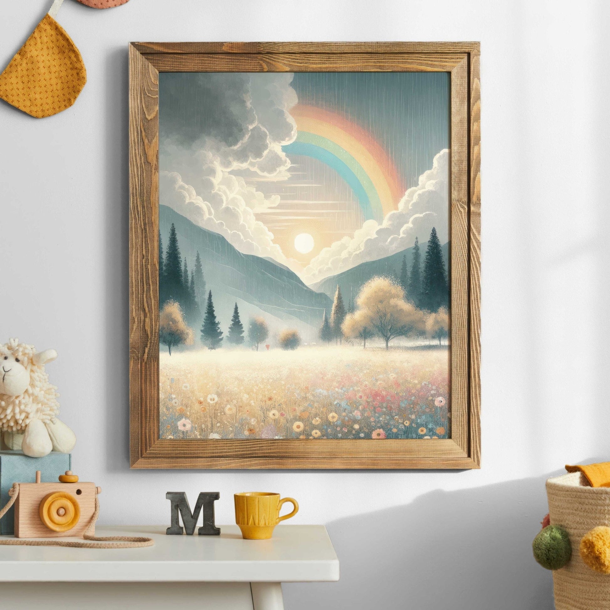 Wildflower Field Art, Mountain Landscape Decor, Rainbow Nursery Print - WildfieldPrints