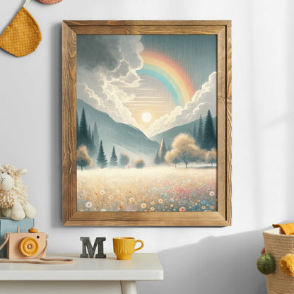 Wildflower Field Art, Mountain Landscape Decor, Rainbow Nursery Print - WildfieldPrints