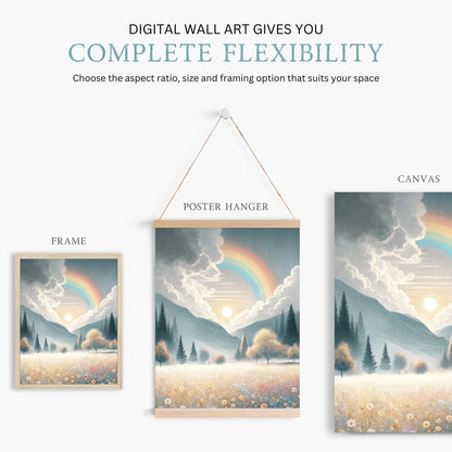 Wildflower Field Art, Mountain Landscape Decor, Rainbow Nursery Print - WildfieldPrints