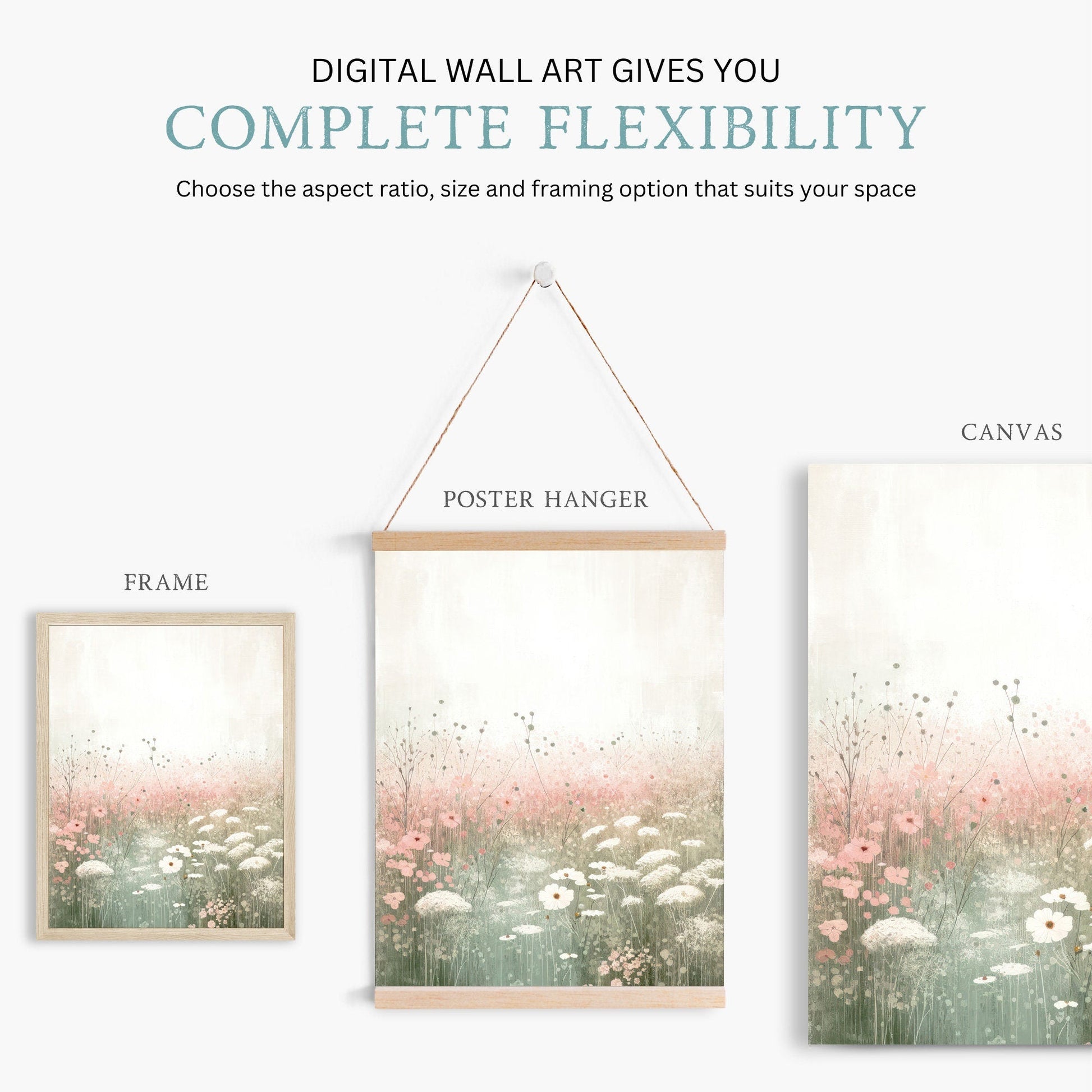Wildflower Field Art, Rustic Floral Decor, Pastel Pink Wall Decor - WildfieldPrints