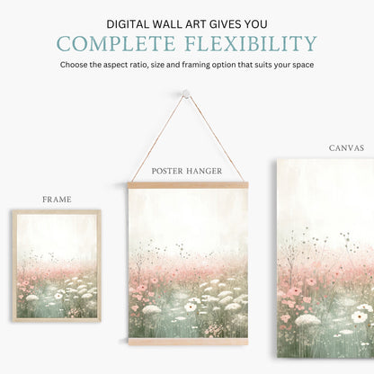 Wildflower Field Art, Rustic Floral Decor, Pastel Pink Wall Decor - WildfieldPrints
