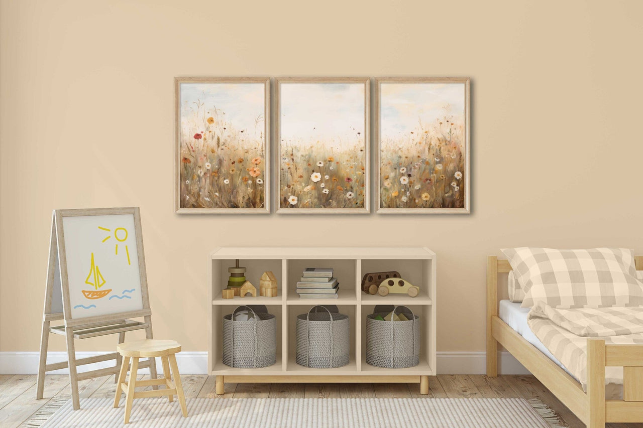Wildflower Field Print – Floral Living Room Wall Decor • Set of 3