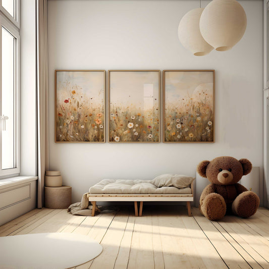 Wildflower Field Print – Floral Living Room Wall Decor • Set of 3