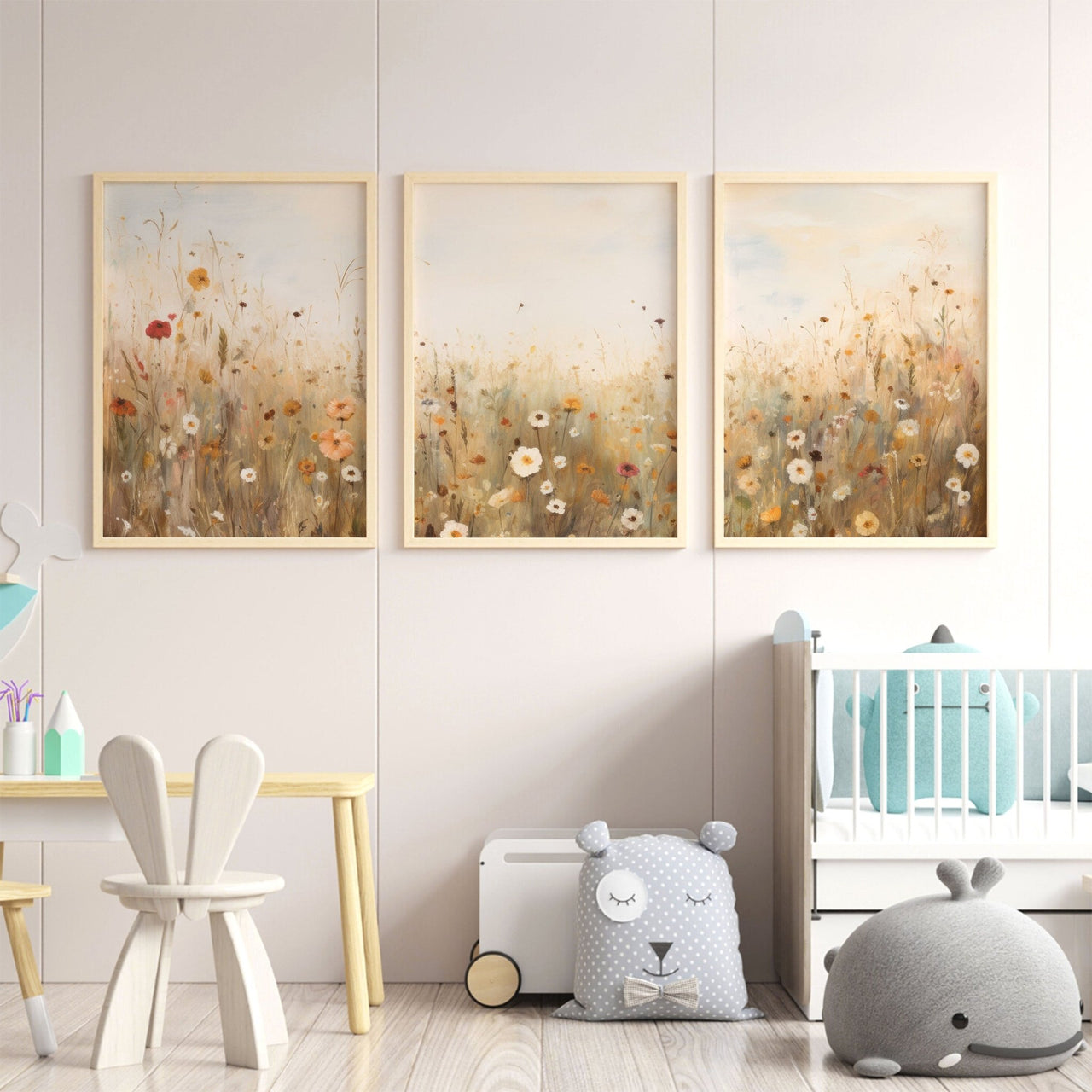 Wildflower Field Print – Floral Living Room Wall Decor • Set of 3