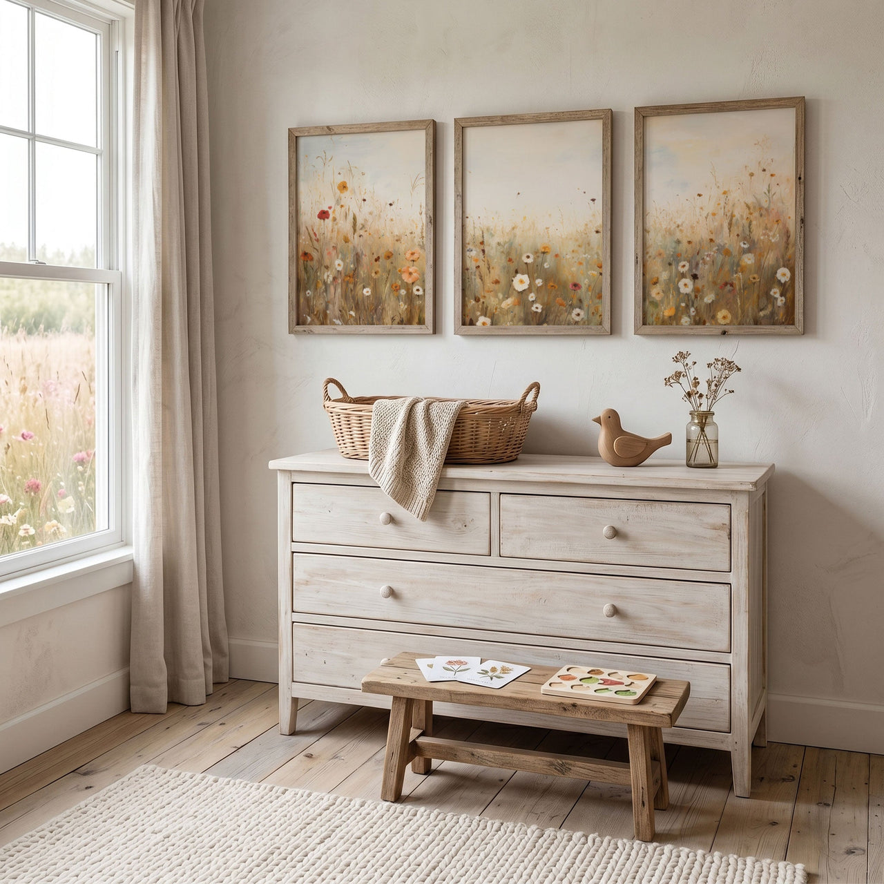 Wildflower Field Print – Floral Living Room Wall Decor • Set of 3