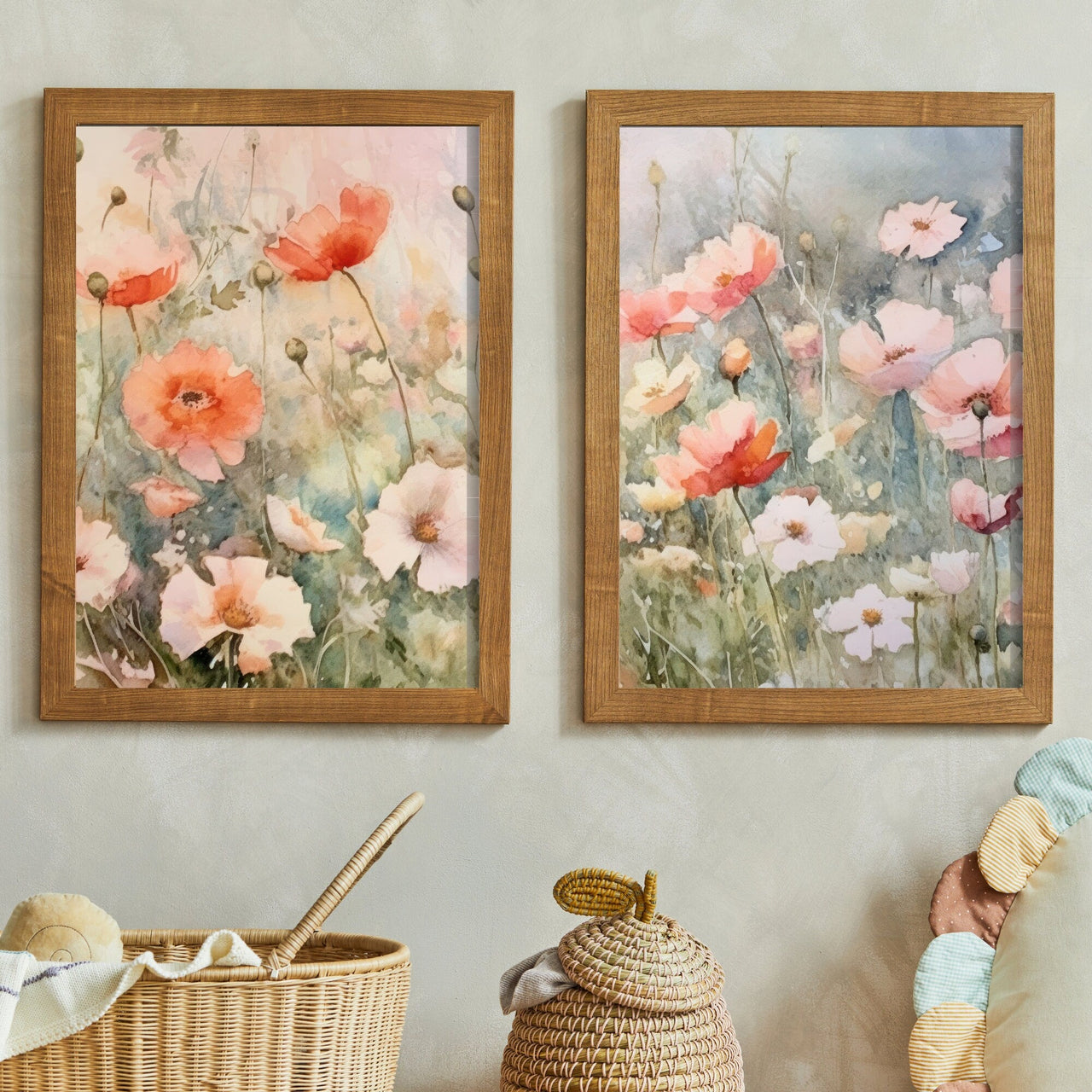 Wildflower Field Wall Art – Floral Girls Room Decor • Set of 2