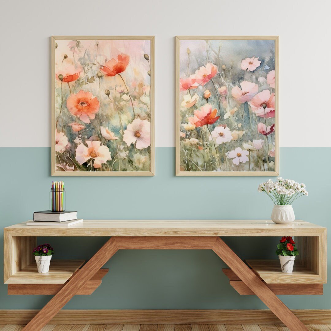 Wildflower Field Wall Art – Floral Girls Room Decor • Set of 2