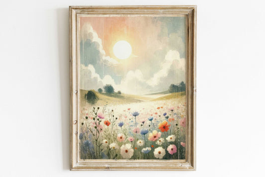 Wildflower Landscape Print, Rustic Nature Decor, Countryside Artwork - WildfieldPrints