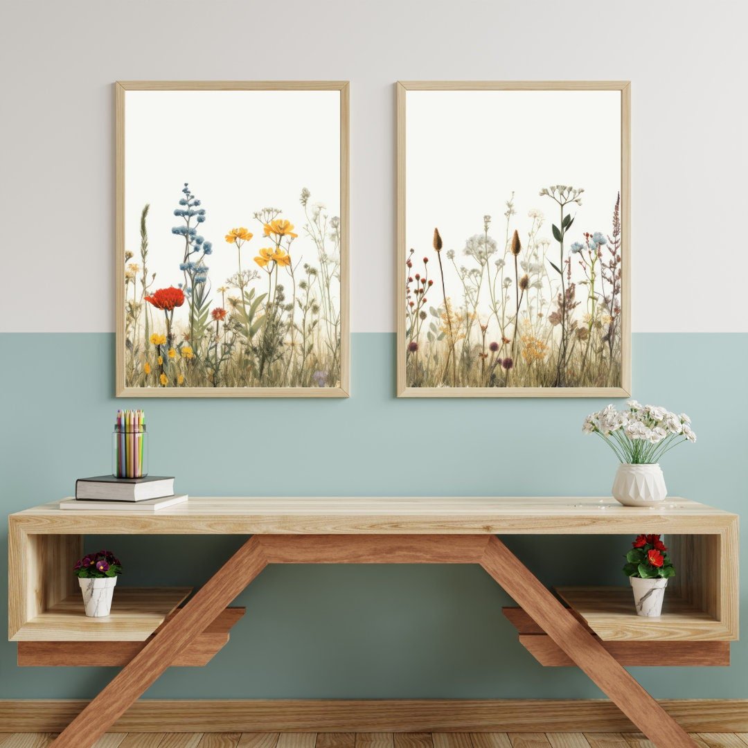 Wildflower Meadow Wall Art – Floral Girls Room Decor • Set of 2