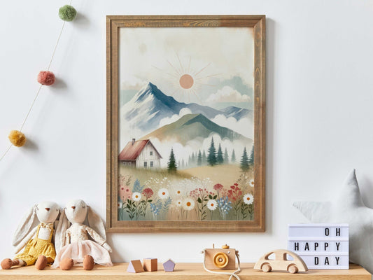 Wildflower & Mountain Nursery Prints, Whimsical Landscape Decor, Cabin Art - WildfieldPrints