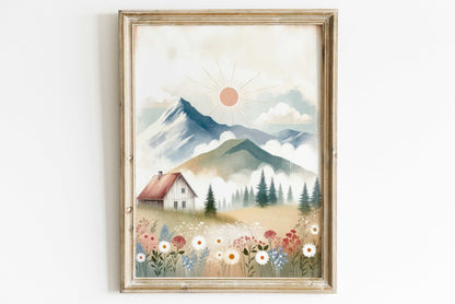 Wildflower & Mountain Nursery Prints, Whimsical Landscape Decor, Cabin Art - WildfieldPrints