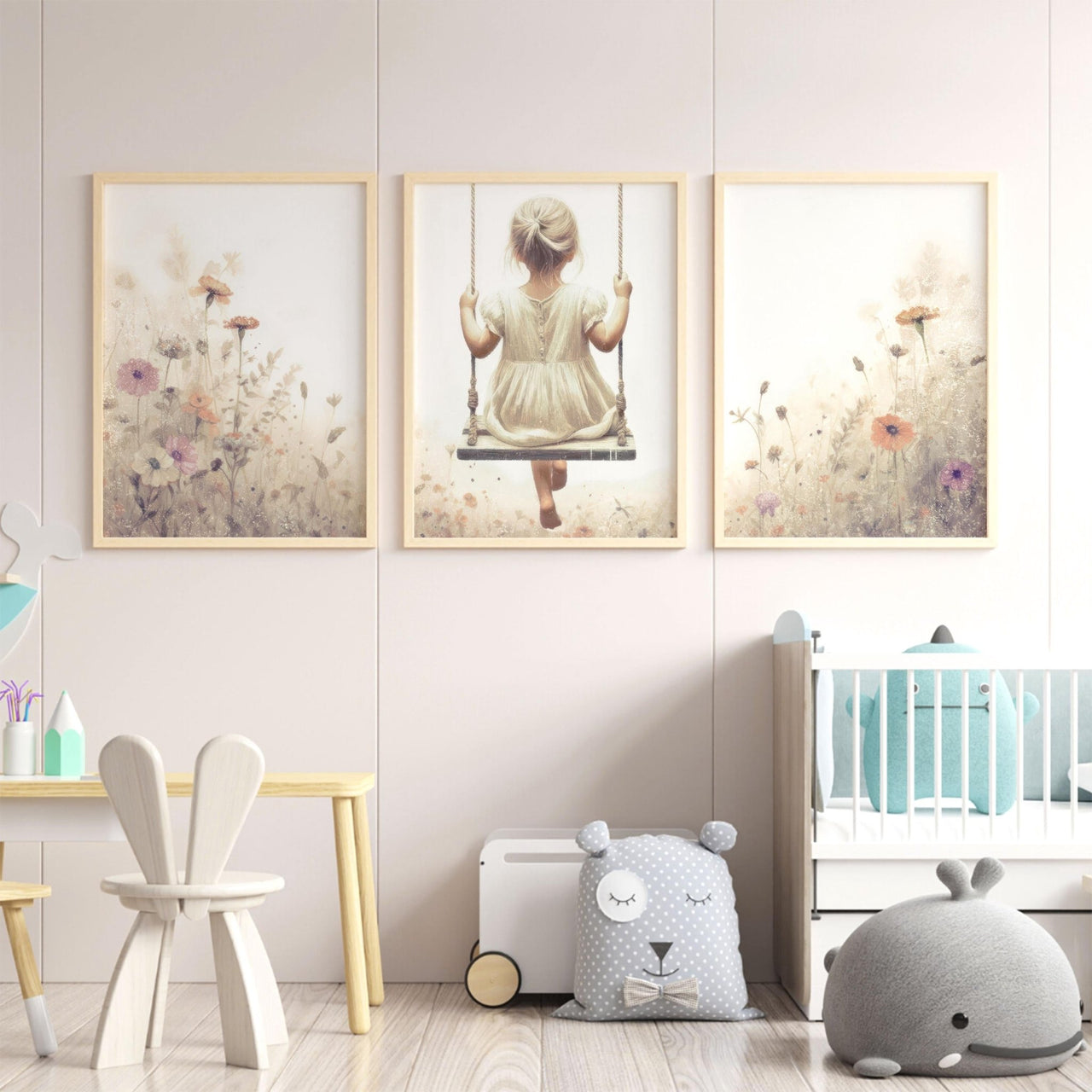 Blonde Girl on Swing Wall Art – Vintage Nursery Print for Girls • Set of 3