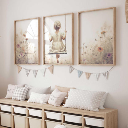 Wildflower Nursery Decor Girl, Girl on Swing Prints, Toddler Girl Wall Art, Set of 3, Vintage Girl Room, Wildflower Print,PRINTABLE Girl Art - My Store