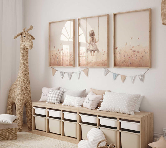 Wildflower Nursery Decor, Girl on a Swing Painting, Vintage Room Art - WildfieldPrints