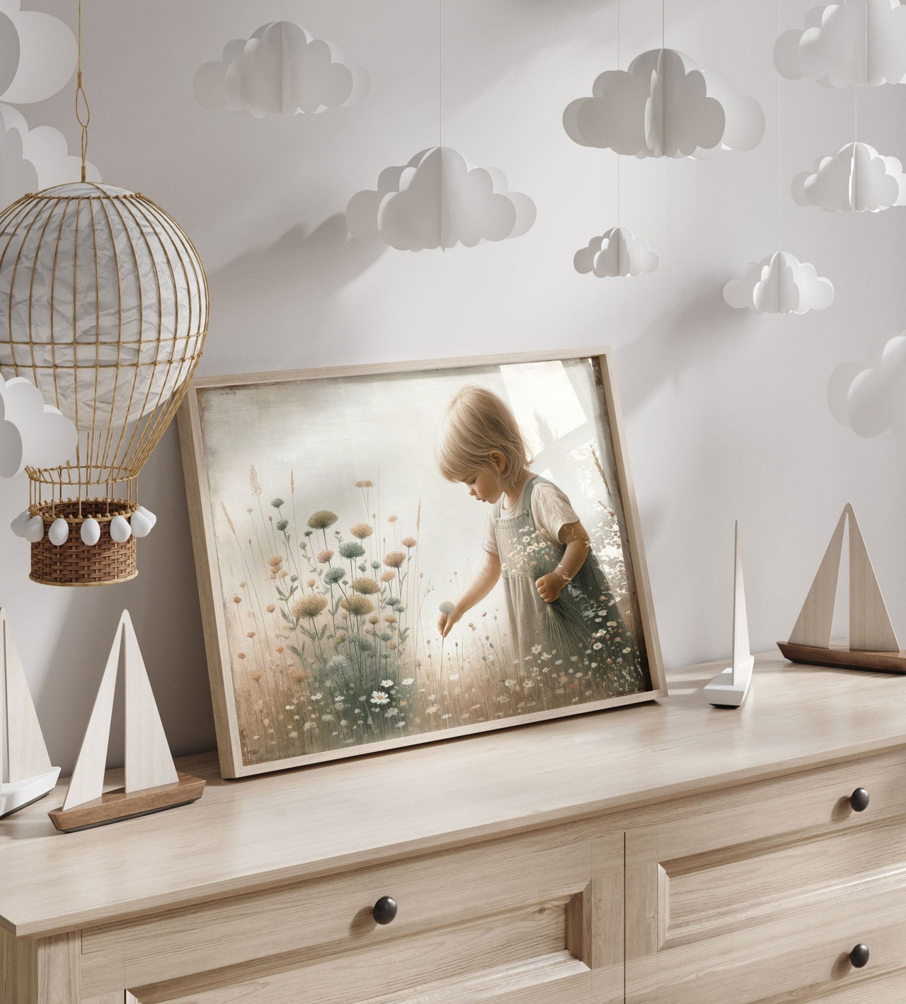Blonde Girl Wall Art – Floral Nursery Print for Toddler Girls