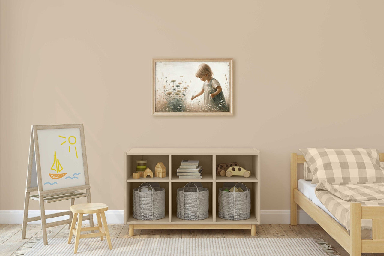 Blonde Girl Wall Art – Floral Nursery Print for Toddler Girls