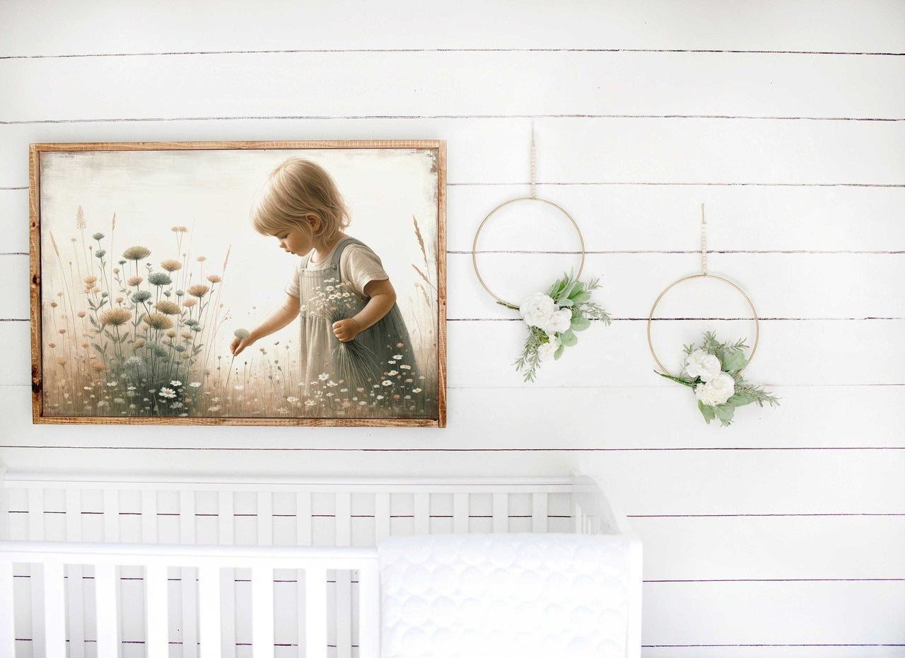 Blonde Girl Wall Art – Floral Nursery Print for Toddler Girls
