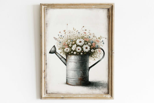 Wildflower Print, Bouquet in Zinc Watering Can, Farmhouse Wall Decor - WildfieldPrints