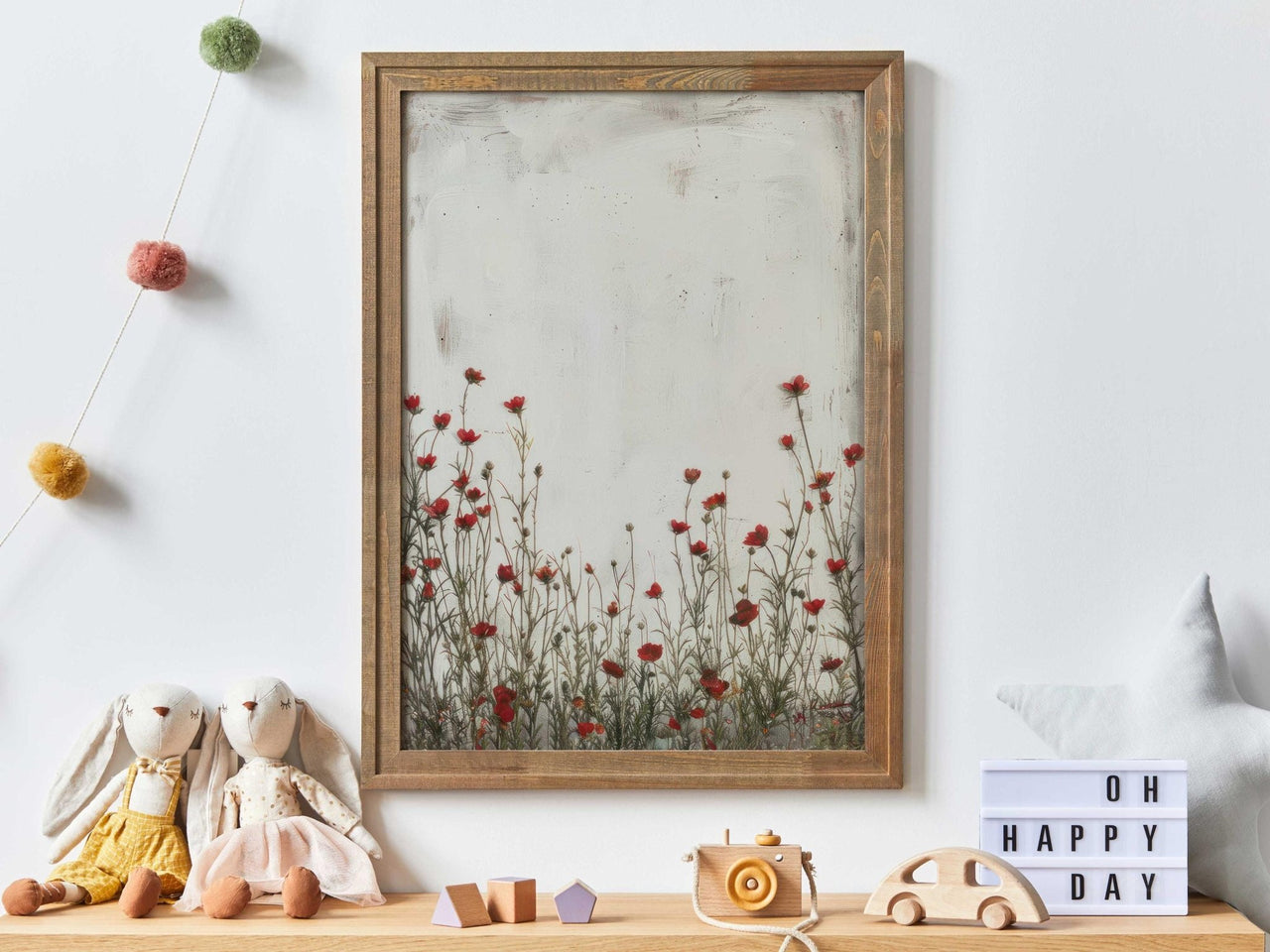 Red Wildflowers Wall Art – Floral Nursery Print for Girls' Room