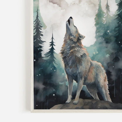 Wolf Art Print, Forest Moon Scene, Woodland Wall Decor, Watercolor Design - WildfieldPrints